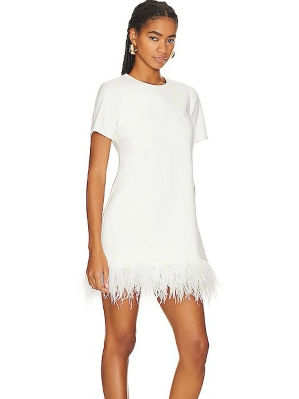 White T-shirt, dress with feather trim
